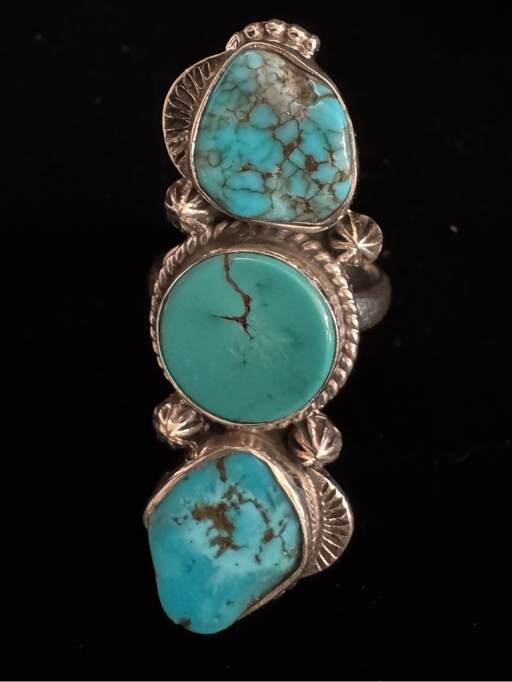 Turquoise Triple Stone Sterling Silver Ring - Blue Turquoise